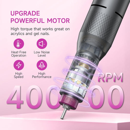 Electric Nail Drill Professional, Portable Nail File for Acrylic Gel Nails, Cordless Rechargeable Ultra Power Nail Drill Kit 40000RPM, HMC320 Salon-Grade Efile Nail Machine (Dark Grey)