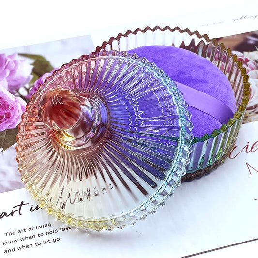 2 Pack Extra Large 5.2" Beige & Purple Powder Puffs and 5.3" Glass Container – Oversized Soft Body & Face Large Powder Puff Dusting Powder Jar Holder Case(Multi-Color Glass)