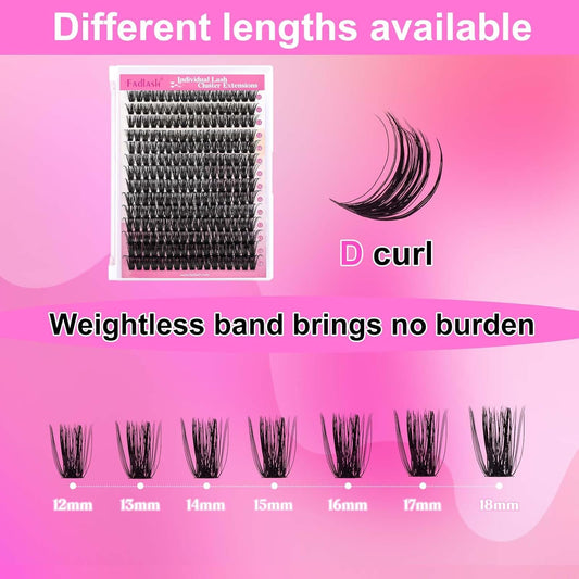 FADLASH Cluster Lashes D Curl Wispy Individual Lashes DIY Eyelash Extension Natural Look Reusable Fluffy Cluster Eyelash Extensions Self Application at Home (80D-0.07D-12-18MIX)