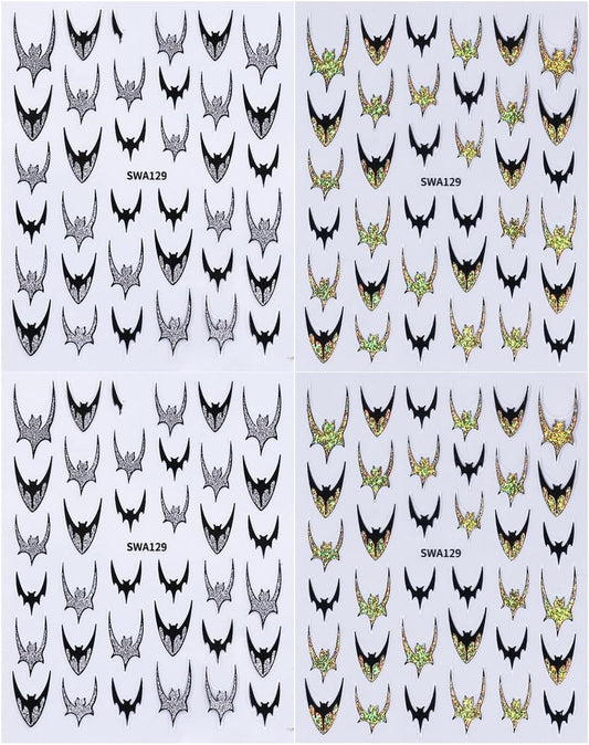 4Pcs Gothic Halloween Nail Art Stickers - Self-Adhesive Black Bat Wing Stickers, Gold/Silver/Glitters Nail Decals, Halloween Nail Art Decals for Manicure, Parties, Everyday Gothic Nail Decorations