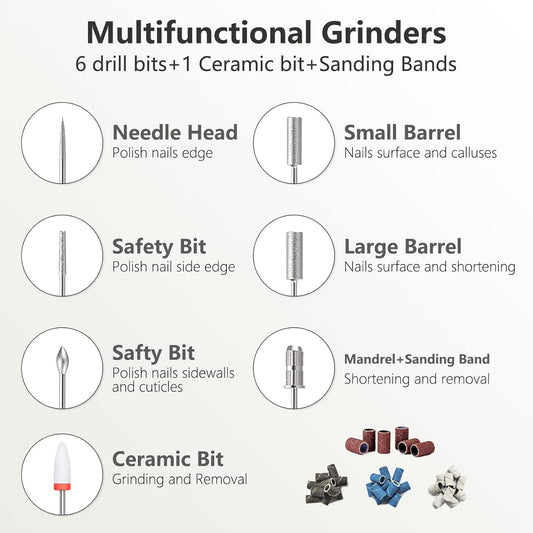 Electric Nail Drill Machine Professional, Rechargeable Cordless Nail File with Bits Kit for Acrylic Gel Dip Nails, Efile Manicure and Pedicure Kit for Home Salon Grinding Polishing Removing, Gray