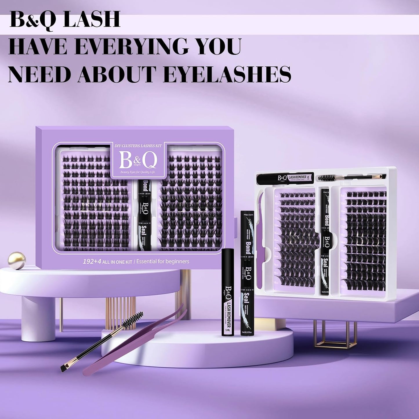 B&Q Lash Extension Kit 192 pcs Eyelash Extension Kit B02+B07 8-18mm Mixed Lash Clusters Kit Individual Lashes Kit Wispy with Lash Glue and Remover Applications Eyelash Kit (B02+B07, Kit)