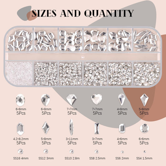 2060Pcs Silver Clear Nail Rhinestones 60Pcs Multi Shapes Glass Flatback Nail Gems + 2000Pcs 1.5-4mm Round Crystal, Manicure Nail Charms Diamond Gemstones for Acrylic Nails Decoration