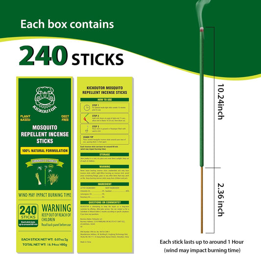 KICKOUTOR® Mosquito Repellent Outdoor Patio 240 PCS Natural Citronella Incense Sticks DEET Free Lemongrass Oil Gnat Mosquito Control for Indoor Backyard Travel Camping