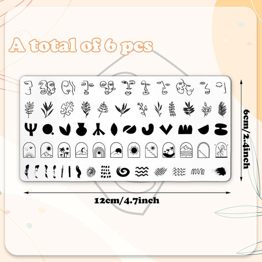 Whaline 6Pcs Abstract Lady Face Nail Plates Stamping Set Boho Plant Stamp Templates Nail Art Plates for DIY Print Manicure Salon Design Gift Supplies