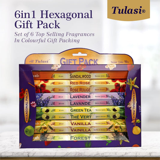 Tulasi Incense Sticks with Natural Oils Set of 6 Fragrances (120 Sticks) Hand Rolled Incense Sticks, Calming Home Aromatherapy, Meditation, Relaxing, Mixed Scents with Natural Oils