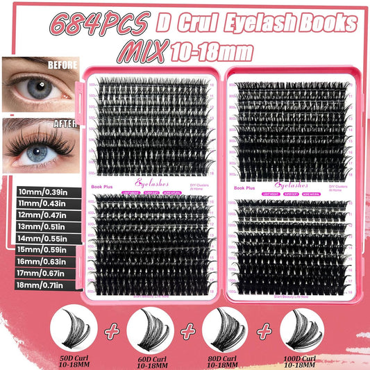 DIY Lash Extension Kit 684Pcs 10-18mm D Curl Lashes Clusters with Lash Bond and Seal Glue Remover Lash Shampoo Cleansing Brush Headband Wristband Tweezers Eyelash Brush Applicator