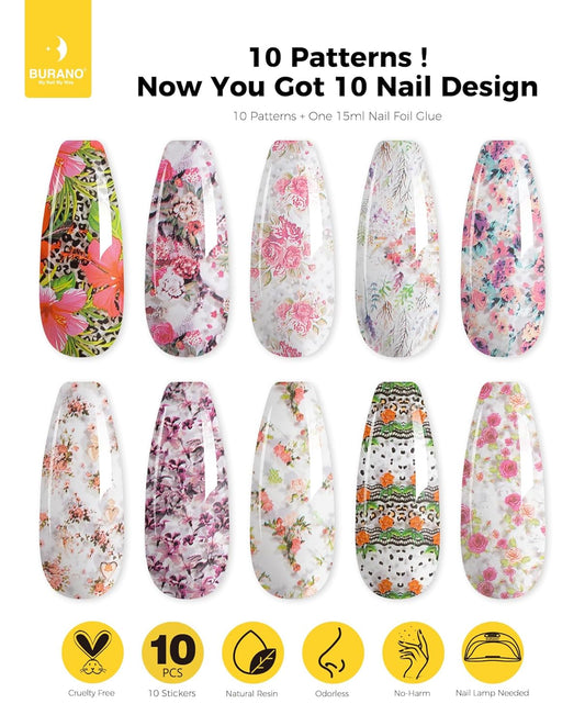 BURANO Nail Art Nail Foil Glue Gel, o.5 oz with 10PCS Foil Stickers Set Nail Foil Glue for Nails Foil Transfer Gel, Nail Design DIY UV LED Lamp Required (Flower Foil 10)