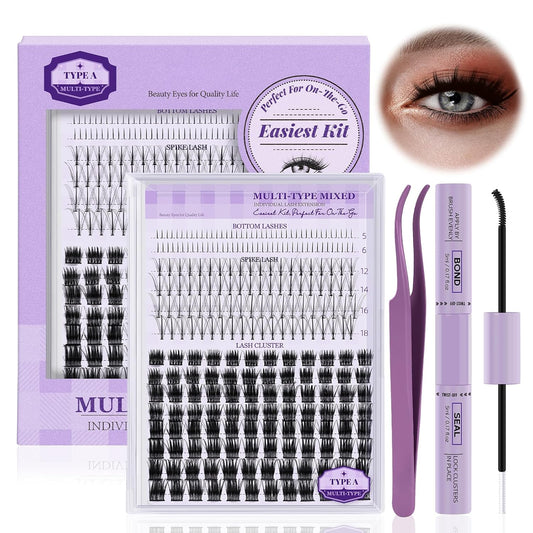 B&Qaugen B&Q Lash Extension Kit 10-16mm Eyelash Extension Kit Multi-Type A Lash Clusters Kit 256PCS Lash Clusters with Bottom Lashes, 7D Wispy Spikes Fans, Bond & Seal, Lash Tweezer (spike-A-10-16mm)