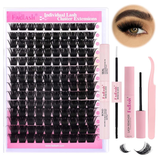 FADLASH Lash Extension DIY Kit Lash Clusters D Curl Cluster Lashes with Lash Bond and Seal Cluster Lashes Glue Remover Lash Tweezers for DIY Eyelash Extension at Home(Kit 200D-0.07D-12-18MIX), black