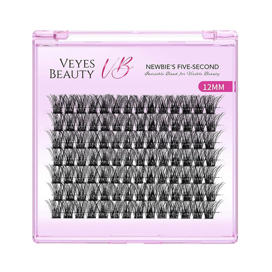 VEYESBEAUTY Lash Clusters Individual Eyelash Extensions Thin & Invisible Band DIY False Eyelashes for Self-application Newbie's Five-Second Series Wispy Lash Tray, Boldeye 12mm Single Length