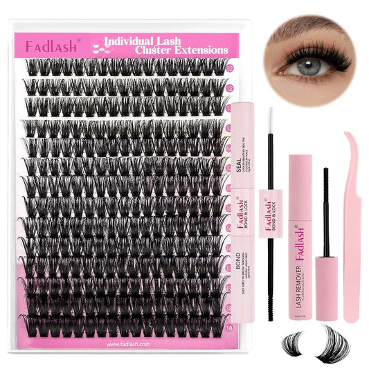 FADLASH Lash Extension DIY Kit Lash Clusters D Curl Cluster Lashes with Lash Bond and Seal Cluster Lashes Glue Remover Lash Tweezers for DIY Eyelash Extension at Home(Kit 80D-0.07D-12-18MIX)