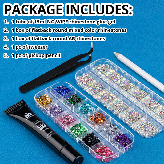 Nail Art Rhinestone Glue Gel&2 Boxes Flatback Gems Kit, 1 Tube of 15ml Rhinestone Gel Glue(UV/LED Needed)+Colorful Gems+Flat-Back Round Glass Crystal AB Gemstones with Pickup Tools