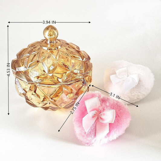 Body Powder Puff and Container - Glass Dusting Powder Container with 2 Soft Puffs Vintage Powder Puff Case for Women & Girls (3.94x3.94x4.53 H in) - GRB012-Amber