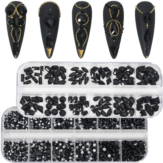 HNUIX Nail Rhinestones - 3D Multi Shape Size Crystal, Black Nail Gems, Flat Back, with Kit, for Nail Art, DIY Decorations