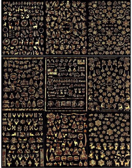 9 Sheets Christmas Nail Art Stickers Decals Self-Adhesive Pegatinas Uñas Holiday Glod Laser Snowflakes Snowman Nail Supplies Nail Art Design Decoration Accessories