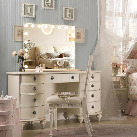 Hollywood Vanity Mirror with Lights, 18 Dimmable Bulbs, 3 Color Lights,Make Up Lighted Mirror, Aluminum Metal Frame, USB Charging Port(32" x 24")