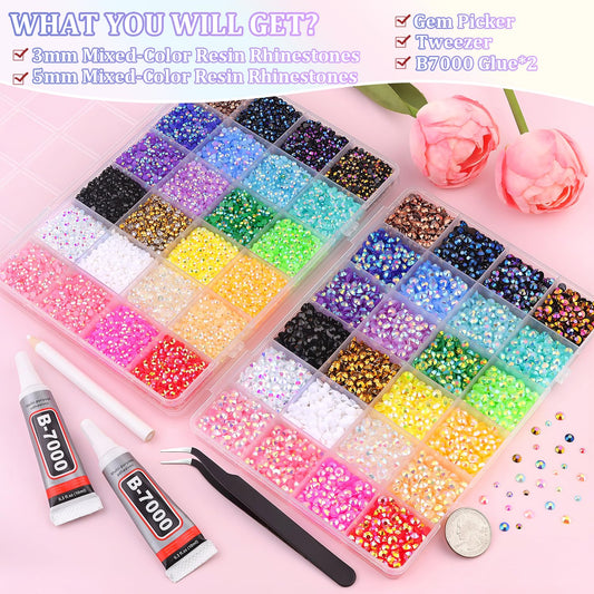 2 Boxes Jelly Rhinestones for Bedazzling, 30600Pcs 3mm & 5mm Multicolor Flatback Resin Gems for Crafting, Bedazzler Kit with 2Pcs 10ml B7000 Jewelry Glue for DIY Crafts Book Fabric Decor Nail Art