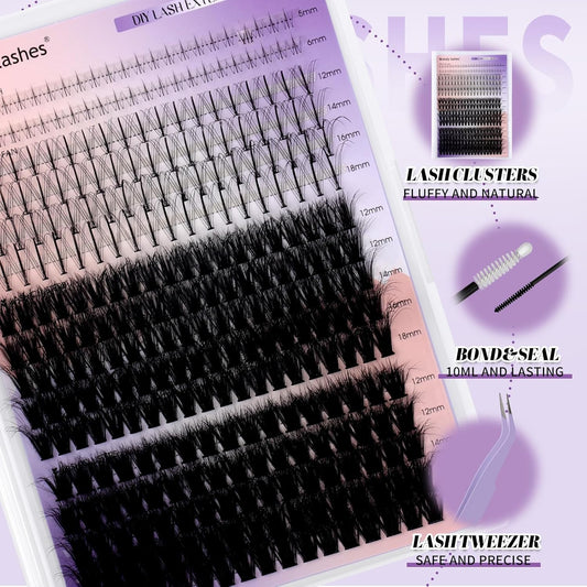 Lash Clusters Kit With Bottom Lashes 3D Curl 60/80/100/200D DIY Lash Extension Kit 12-18mm Multi-types Individual Lashes Bond and Seal, Spike, Volume Lashes Kit Lash Applicator(60/80 3DKit)