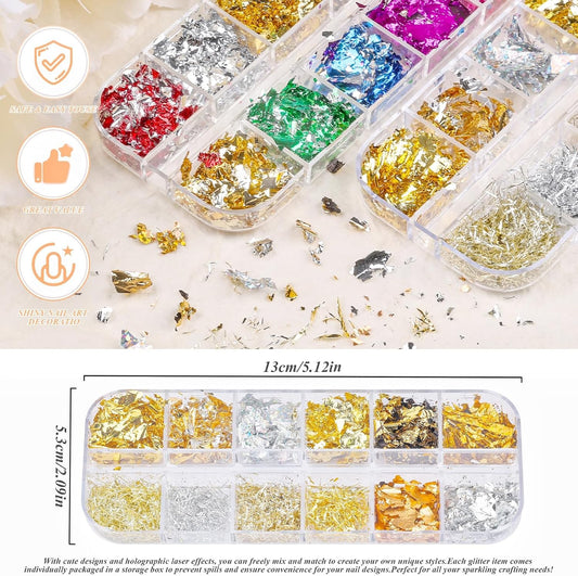 5 Boxes 60 Colors Holographic Nail Glitter Foils Kit, Nail Foil Flakes Laser, 3D Irregular Thin Foil Nail Art Flakes Design Nail Sequins Supplies for Manicure Body Makeup Craft DIY