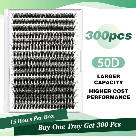 Lash Clusters 300pcs Individual Lashes 50D 0.07C Curl 9-18MIX DIY Eyelash Extension KEYYOU Large Tray Volume Soft&Natural Cluster Lashes(50D-0.07C,9-18MIX)