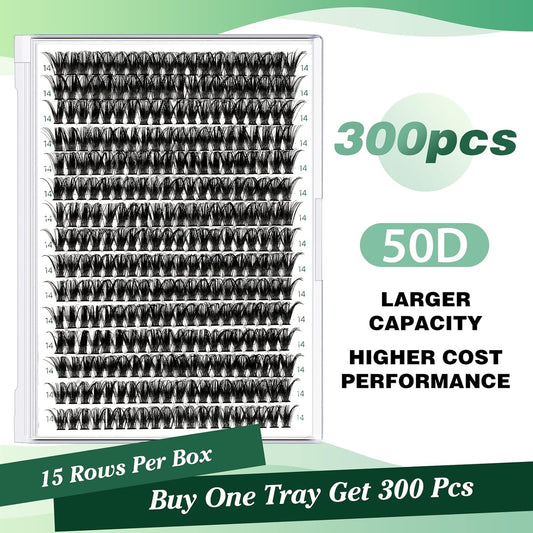 Lash Clusters 300pcs Eyelash Clusters 50D 0.07D Curl 13mm DIY Eyelash Extension KEYYOU Large Tray Volume Soft&Natural Individual Lashes(50D-0.07D,13)