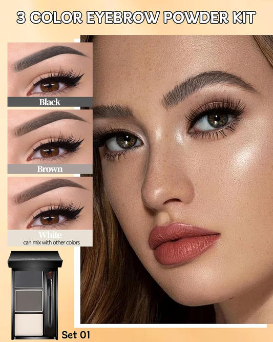 Eyebrow Powder Makeup Kit, 3 in 1 Eyebrow Kit, Brow Powder Palette Waterproof Long-Lasting, Black Brown White Brow Filler, Fill & Sculpt Full Eyebrow Kit for Women, With Mirror,Brush & Razor Set 01