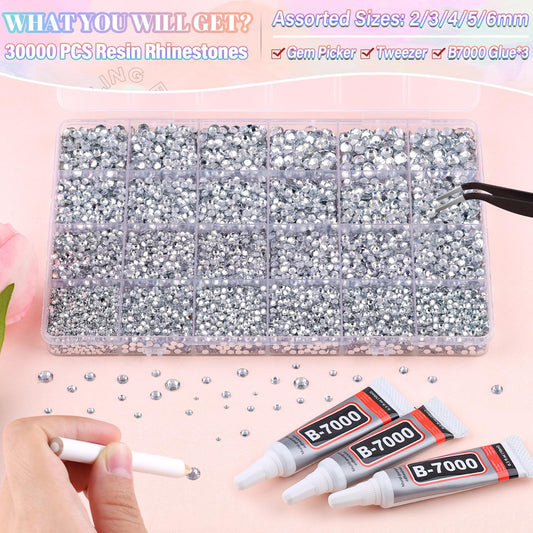 30000Pcs Resin Silver Clear Rhinestones for Bedazzling Crafting with b7000 Jewelry Glue, Bulk Flatback Gems Bedazzler Kit for Crafts Clothes Shoes Fabric Nail Diamond Art, Assorted Size 2/3/4/5/6mm