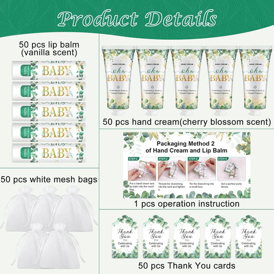 VESPRO 50 Pack Hand Cream Bulk and Lip Balm Bulk Gifts Sets, Baby Shower Favors and Bridal Shower Favors for Guests with Thank You Card and Organza Gift Bags, Thank You Gifts for Women (Oh Baby)