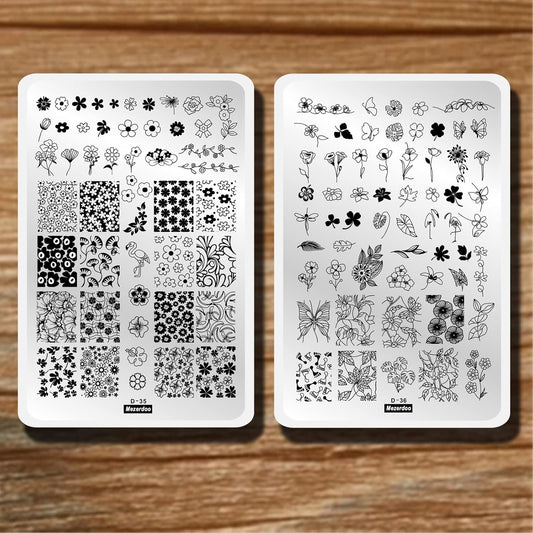 Flowers Leaf Nail Stamping Plates 2pcs Large Nail Stamper Plate Daisy Flower Flamingo Butterfly Image Stamp Templates Reusable Stencils Clover Plantillas Manicure Stamping Plate Template for Girls