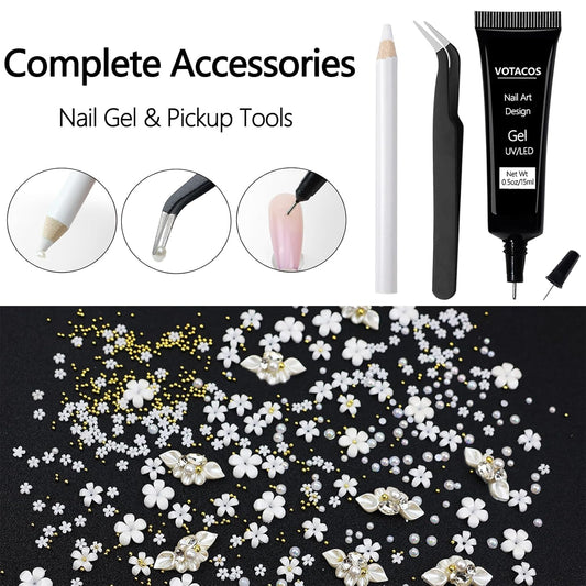 Nail Art Charms with Rhinestones Glue Gel Flatback Pearls Nail Charms Luxurious Nails Supplies Accessories Gold Steel Ball Gems Jewelry Pearls for Women Nails Design