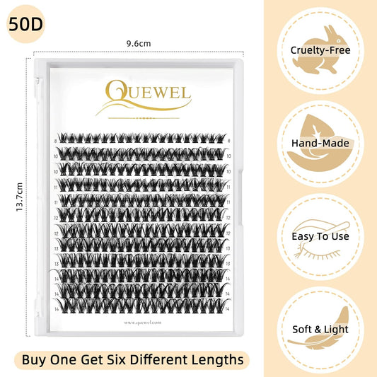 QUEWEL Cluster Lashes 240Pcs Individual Lashes 50D 0.07 D Curl Mix8-14mm Lash Extensions Clusters Lashes Soft&Natural False Eyelashes Individual DIY Eyelash Extension at Home(50D 0.07D mix-8-14)