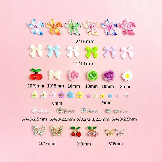 Flower Bow Nail Charms and Gems, 3D Resin Blossom Petals with Caviar Beads Charms for Nails Design,Flatback Pearl Charms Cherry Butterfly Rhinestone Nail Charms for Manicure DIY