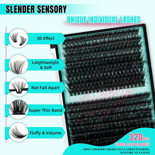 Lash Clusters Kit 320Pcs, 80 100D DIY Individual Extensions, Bond and Seal, Remover, Applicator Tool for False Eyelashes at Home (D-Mix10-16mm)