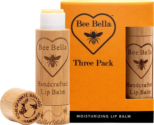 Bee Bella Lip Balm, Pomegranate Mango, 3 Pack - Moisturizing Lip Care, 100% Natural, Original Organic Beeswax with Vitamin E, Handmade in USA