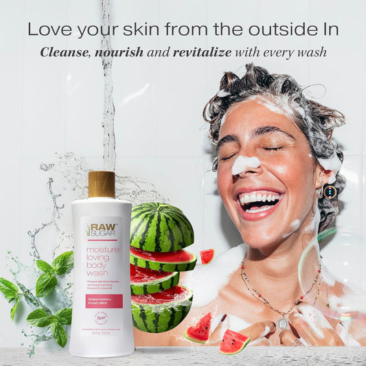 RAW SUGAR Simply Body Wash, (25 Fl Oz, Pack of 1) Bath Soap, Formulated without Sulfates & Parabens (Watermelon + Fresh Mint)