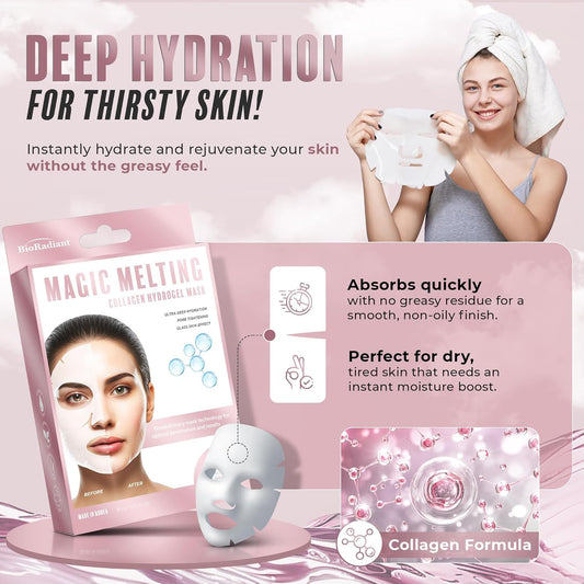 Magic Melting Face Mask - Collagen Ultra Hydrating Overnight Hydrogel Mask, Pore Minimizer For Face with Glass Skin Effect - Vegan, Clean Beauty, Made in Korea - Pack of 6