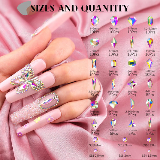 1680Pcs AB Glass Nail Rhinestones 180Pcs Multi Shapes Flatback Nail Gems + 1500Pcs 1.5-4mm Round Crystal with Rhinestones Glue Gel, Manicure Nail Charms Diamond Gemstones for Nail Art