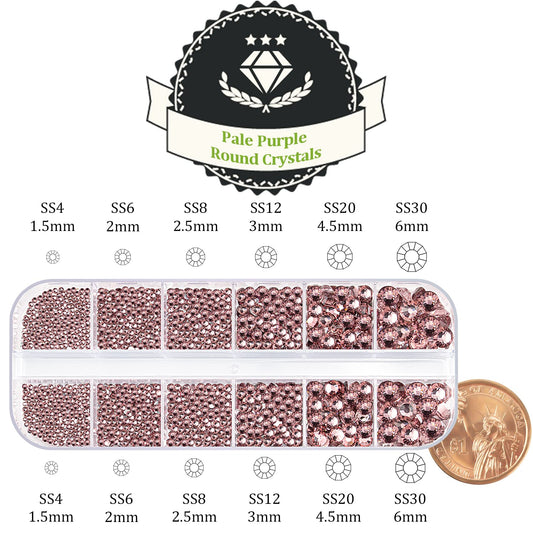 One Pack 2000 Pcs of Flatback Round Pale Purple Rhinestones 6 Sizes (1.5-6 mm) with Nail Art Rhinestone Picker Pencil and Tweezer for DIY and Salon Use