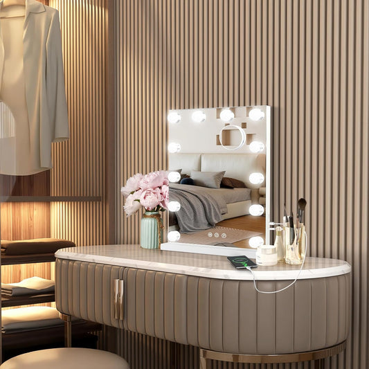 Hollywood Vanity Mirror with Lights, 12 Dimmable Bulbs, 3 Color Lights,Make Up Lighted Mirror, Aluminum Metal Frame, USB Charging Port(14" x 18")