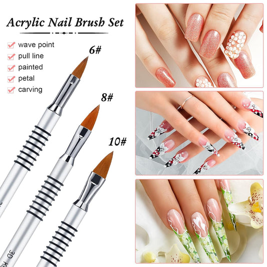 Patelai 3 Pcs Kolinsky 3D Nail Art Brush Set for Acrylic Powder Sculpture Nail Art Brush Size 6/8/10 with silver Metal Nonslip Grip Handle for Acrylic Powder Application