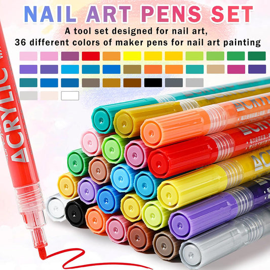 36 Colors Nail Art Pens Set Nail Polish Pens Nail Art Drawing Graffiti Marker Pen Quick Dry Waterproof Nail Art Painting Pens Kit for Home DIY Nail Art Design