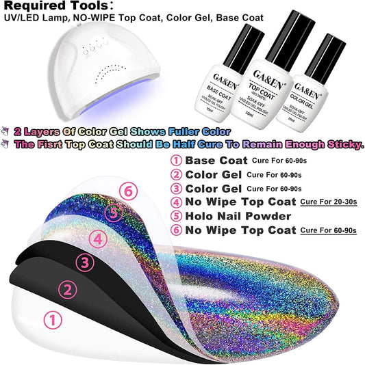 Holographic Nail Powder Fine Rainbow Holo Unicorn Mirror Laser Effect Multi Chrome Manicure Pigment Glitter Dust for Salon Home Nail Art DIY Deco, 0.04oz/1g, Sponge Tool/3pcs