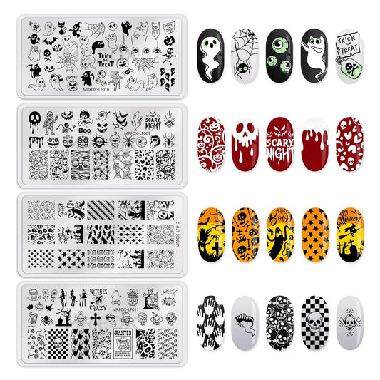 8PCS Halloween Nail Stamping Plates, Pumpkin Skull Bat Poker Image Stainless Steel Stencil, DIY Nail Art Template Tools