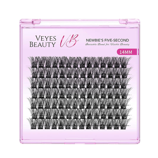 VEYESBEAUTY Lash Clusters Individual Eyelash Extensions Thin & Invisible Band DIY False Eyelashes for Self-application Newbie's Five-Second Series Wispy Lash Tray, Boldeye 14mm Single Length