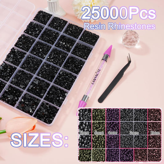 Canvalite 25000PCS Resin Jelly Rhinestones for Crafting, Black Flatback Gems, Bedazzling Crystal with 5x2.5g B7000 Jewelry Glue and Tweezers Dotting Pen for DIY Crafts Clothing Shoes Nail Art