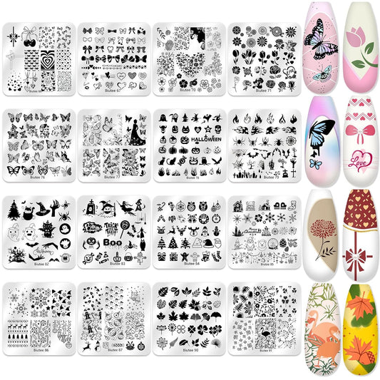 Biutee Nail Stamping Plate 20Pcs Nail Stamper Kit 16Pcs Nail Art Stamping Plates with Silicone Stamper, Scraper & Storage Bag, Stamp Plates Star Plaid Love Leaf Template Halloween Design Gift