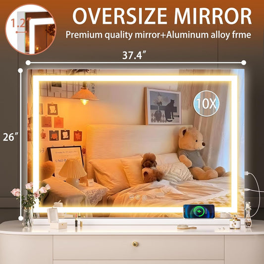 Hasipu Vanity Mirror with Lights, 37" x 26" LED Makeup Mirror, Lighted Makeup Mirror with Dimmable 3 Modes, Touch Screen Control Vanity Mirror Square White