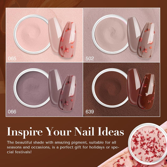 AZUREBEAUTY Dip Powder Nail Kit, 4 Colors Nude Brown with Dried Flower Set, Fall Winter Natural Dipping Powder Starter Liquid Set Recycling Tray with Base & Top Coat Activator 
