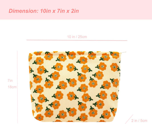 PAZIMIIK Makeup Bag Large Zipper Corduroy Make Up Pouch for Purse Travel Canvas Cosmetic Organizer for Women Brush Storage,Flower Yellow